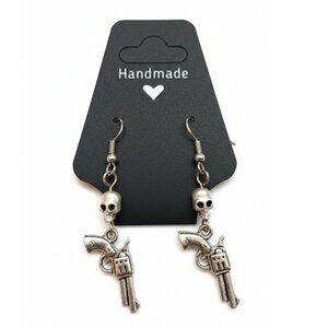 Earrings - 💀 Silver tone Skull heads & Guns - Shepherds Crook
